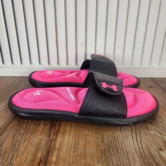Under Armour Ignite VI Slides Youth Size 2Y Black Pink Adjustable Strap Sandals - Picture 1 of 9